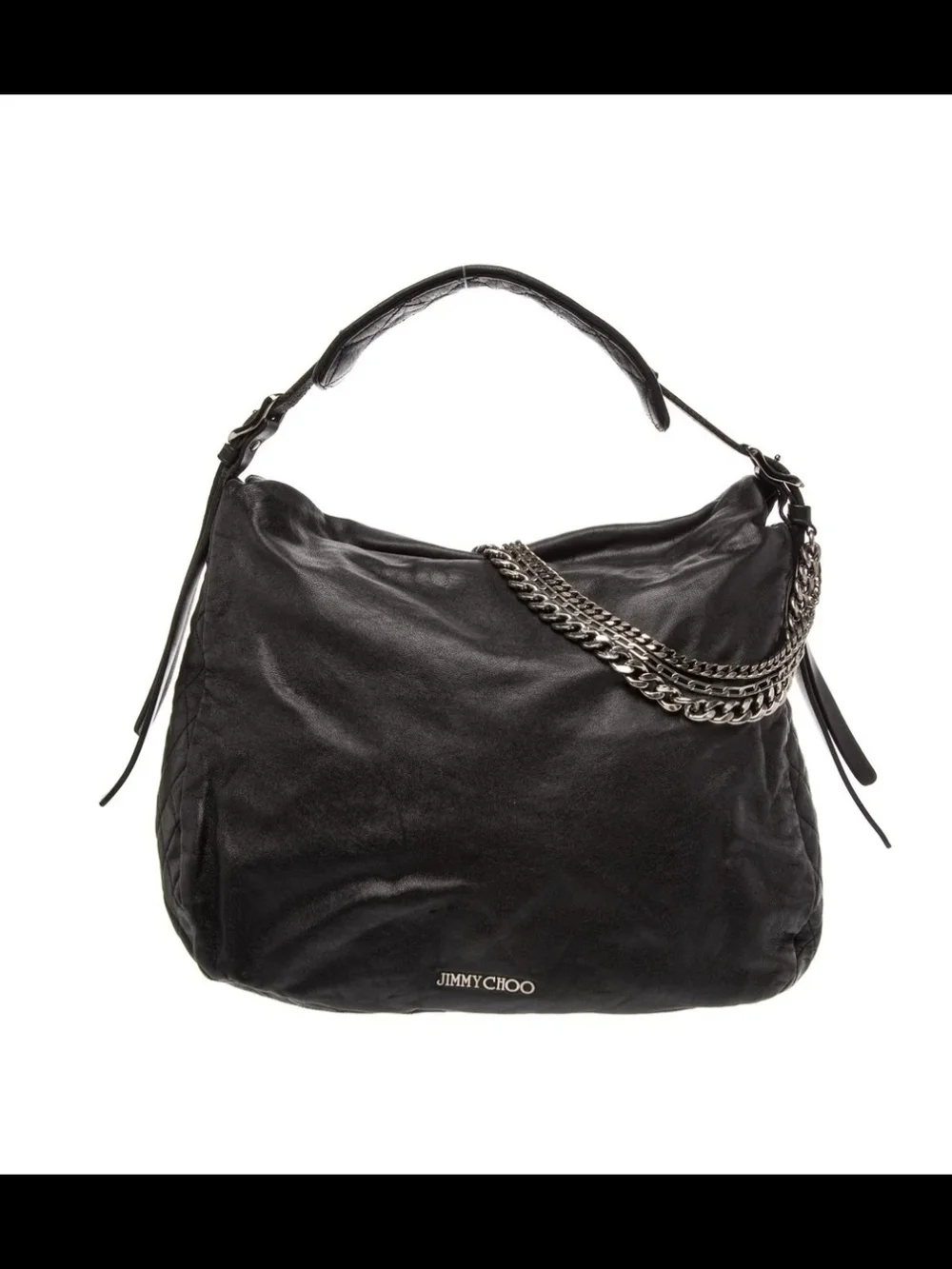 Jimmy Choo Hobo Black Leather w/Silver Chainlink Shoulder Straps $800 VERY GOOD